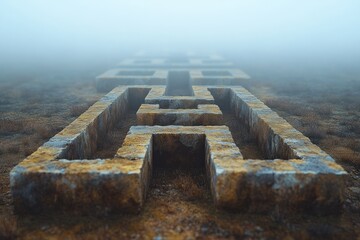 Mysterious stone maze emerges from thick fog in a secluded outdoor landscape. Generative AI
