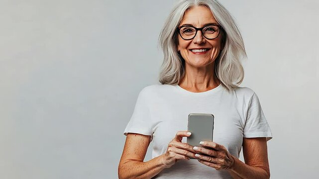 Senior woman, phone and studio for laugh by mockup space for typing, chat or funny meme by light background. Mature lady, smartphone and reading on social media, comic video or thinking for web promo