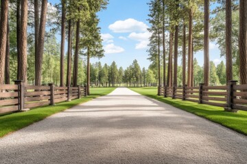 Obraz premium Winding gravel path leads through a serene forest landscape under a bright blue sky