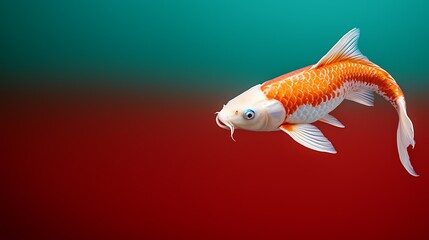 Mesmerizing golden koi fish swimming in a serene underwater scene against a vibrant red and green minimalist background