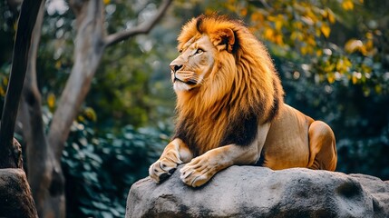 Obraz premium A golden lion sitting on a rock and looking