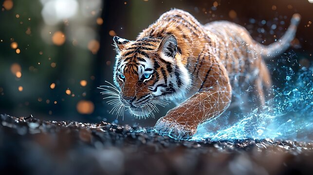 Futuristic digital artwork depicting a captivating holographic tiger surrounded by a dynamic water splash and glowing neon effects creating a visually stunning and scene