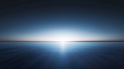 Serene sunrise over calm ocean, reflecting light.
