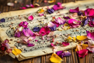 Colorful Petals on Music Sheet: A Harmonious Fusion of Nature and Art