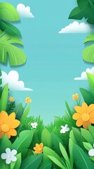 Obraz premium Vibrant Spring Floral Border with Tropical Leaves and Blue Sky Background