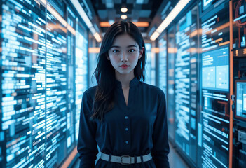 A focused asian woman gazes thoughtfully at a digital display, surrounded by glowing data streams