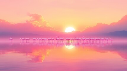 Fototapeta premium Pink Flamingos at Sunset Over Calm Water