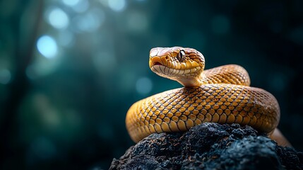 Fototapeta premium Golden venomous snake slithering and coiled in a dark mysterious forest environment The reptile is blending into the natural habitat ready to strike as a hidden predator