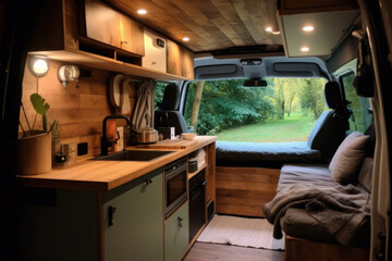 Modern camper van interior with a cozy kitchen and wooden accents