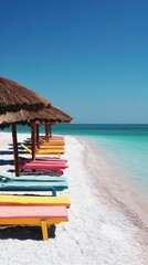 Colorful Beach Loungers Under Straw Umbrellas on a Sunny Tropical Shoreline
