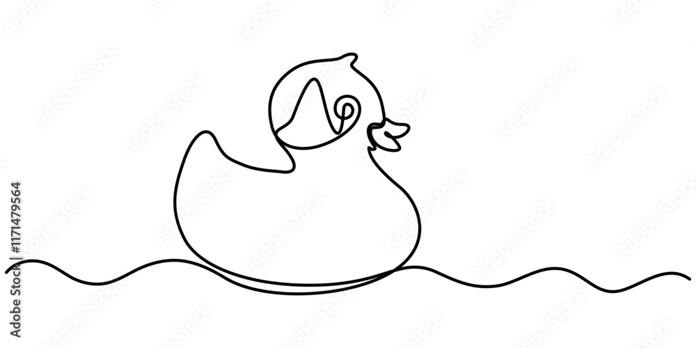 Poster continuous line vector illustration design of one swimming duck, One continuous single line of wood duck swimming in river. Famous bird line art isolated on white background, Duck in one continuous. 