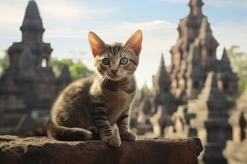 Portrait of a cute javanese cat on backdrop of ancient ruins
