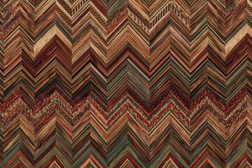 Detailed chevron-style textile with warm tones of red, brown, and green