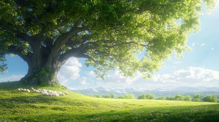 Fototapeta premium Idyllic Scene of Sheep Grazing Under Majestic Elm Tree in Sunlit Meadow - Ultra-Detailed Pastoral Landscape