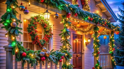 Obraz premium Aerial view of a charming Christmas porch, adorned with a twig garland and playful toys.