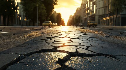 Heat rising from cracked pavement in an urban heat island, visualizing the environmental consequences of city design.