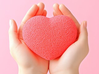 A heartfelt Valentine's Day card illustration of two hands gently cradling a glowing red heart, symbolizing love, care, and devotion. This simple yet powerful design conveys warmth and affection, maki