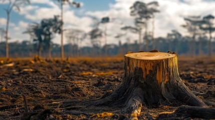 Naklejka premium Tree stump in the middle of a deforested area, symbolizing the loss of nature and the impact of human activity.