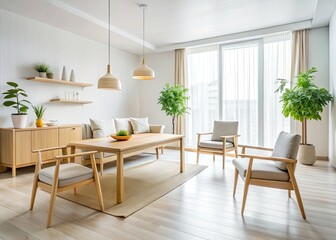 Scandinavian minimalism:  wooden interiors, clean lines, natural light, home decor photography.