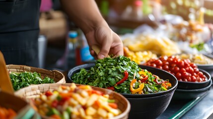a person is picking up a salad from a table