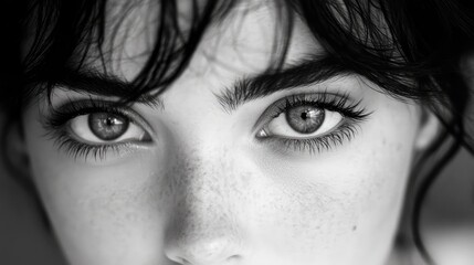 Obraz premium Intense Black and White Portrait of Freckled Woman with Captivating Eyes