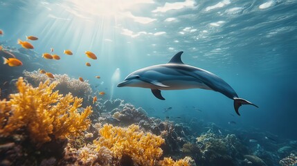 Fototapeta premium Dolphin swimming amidst vibrant coral reef and fish