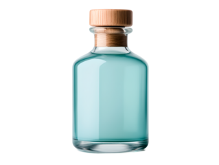 a glass bottle with a wooden cap on a table top