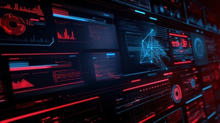 Obraz premium digital dashboard with vibrant red data charts on futuristic black interface highlighting analytics copyspace concept of technology, corporate, software