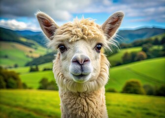 Obraz premium Andean alpaca portrait: incredibly detailed stock image showcasing its dense, luxurious coat in a rural setting.