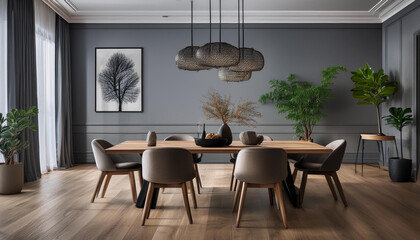 A beautiful interior dining room with gray walls and wood floors