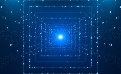 Abstract virtual realtiy, wire frame with binary codes. Bit, big data, zero and one, sequence, program, science, futuristic and technology. 3D illustration