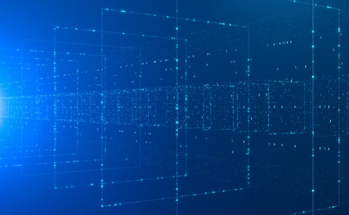 Big data, futuristic wire frame with binary data. Bit, zero and one, sequence, program, science, futuristic and technology. 3D illustration