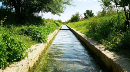 Obraz premium Tranquil Water Flow in Lush Irrigation Canals under a Vivid Sky - Ultra-Detailed Cinematic Scene of Greenery and Waterways