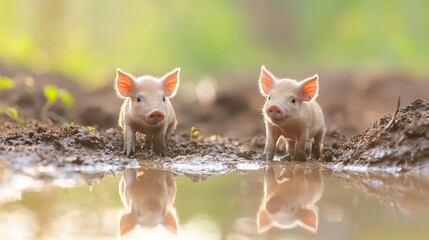 Joyful Piglets: Playtime in the Sun - Cinematic and Ultra-Detailed Image of Two Piglets Frolicking in a Muddy Patch with Watery Reflections