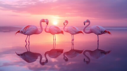 Naklejka premium Four flamingos at sunset, pink reflections.