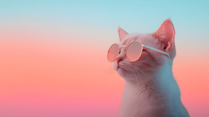 
portrait of a cat with Headphones, symmetrical, sunglasses, vibing, illustration, adobe illustrator, aesthetic with copy space for business poster 