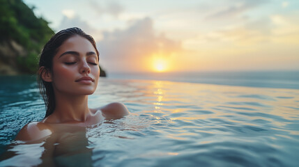 woman who is swimming in an infinity swimming pool, looking out over a breathtaking panoramic view of a tropical coastline