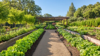 Obraz premium Vibrant Rows of Lettuce in Protected Garden Beds Under Cinematic Netting - Ultra-Detailed Botanical Scene Outdoors