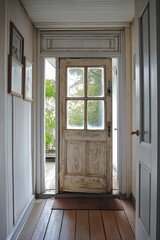 Fototapeta premium An old wooden door invites light into a cozy space, enhancing the warmth and charm of the interior.