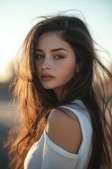 Fototapeta premium portrait of a beautiful woman bathed in warm sunlight