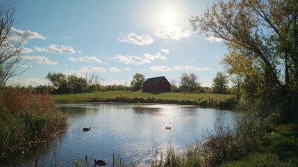 Fototapeta premium Tranquil Ducks Resting at Pond's Edge with Distant Red Barn under Sun's Gaze - Cinematic Wildlife Scene to Relax and Enjoy