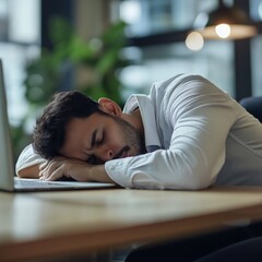 Fototapeta premium An exhausted man rests his head on a desk in a modern workspace, illustrating fatigue and the need for a break.