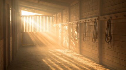 Fototapeta premium Equine Elegance: Sunlit Stable Interior with Bridles Hanging, Cinematic Scene of Ultra-Detailed Beauty