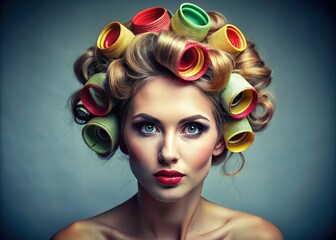 Candid beauty shot:  Close-up of a woman's messy yet chic hairdo, achieved with rollers, highlighting natural texture and haircare.
