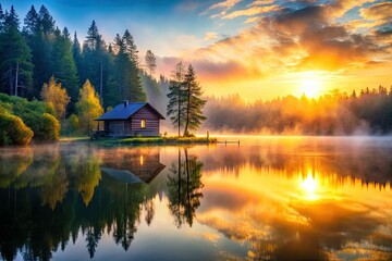 Fototapeta premium Serene dawn paints a misty forest, reflecting in the still lake, a tranquil sunrise scene.