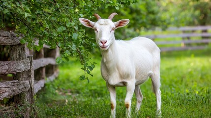 Obraz premium Serene Goat Grazing in Orchard with Cinematic Background Fence Ultra-Detailed Image