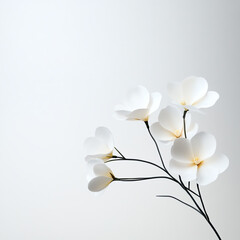 Obraz premium Elegant white flowers on a slender branch against a soft, light background, perfect for minimalist and decorative purposes.