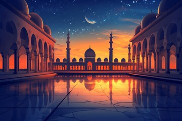Majestic Mosque Sunset Reflection Peaceful Night Sky