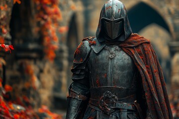 Fototapeta premium A knight in a suit of armor stands in front of a wall covered in leaves