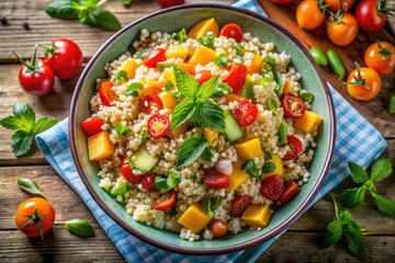 Cold couscous salad, vibrant vegetables, healthy Mediterranean cuisine.  Aerial view captures summer's bounty.